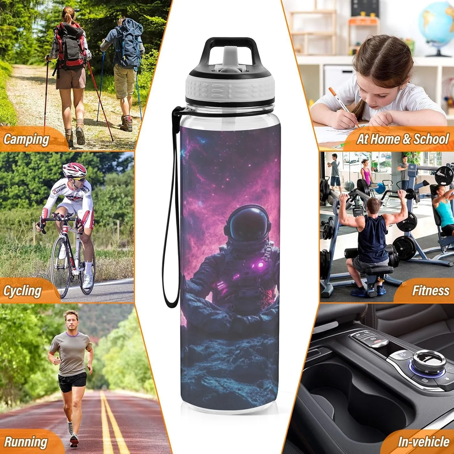 Joisal Astronaut Meditating Space 32 Oz Water Bottle Lid with Straw BPA-Free Slim Water Bottles for Outdoor Sports
