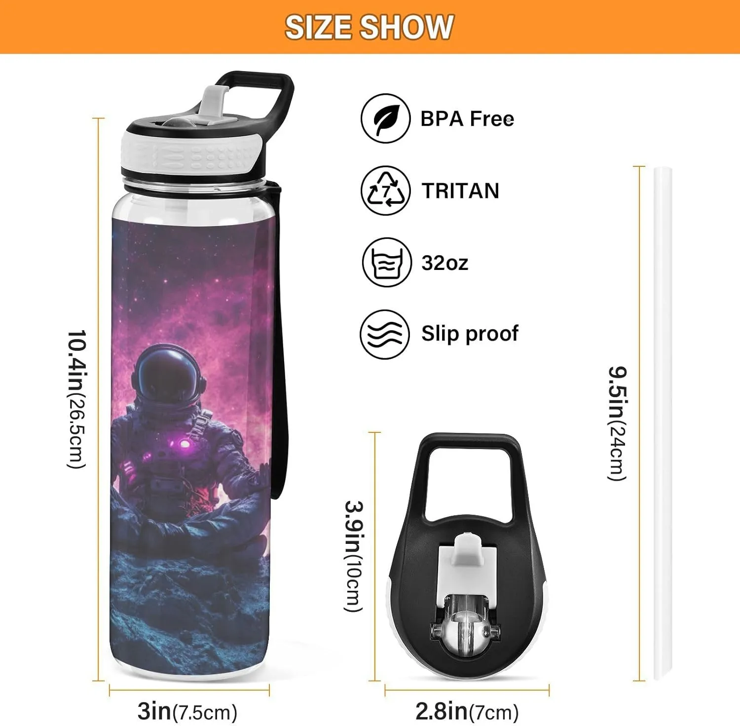 Joisal Astronaut Meditating Space 32 Oz Water Bottle Lid with Straw BPA-Free Slim Water Bottles for Outdoor Sports