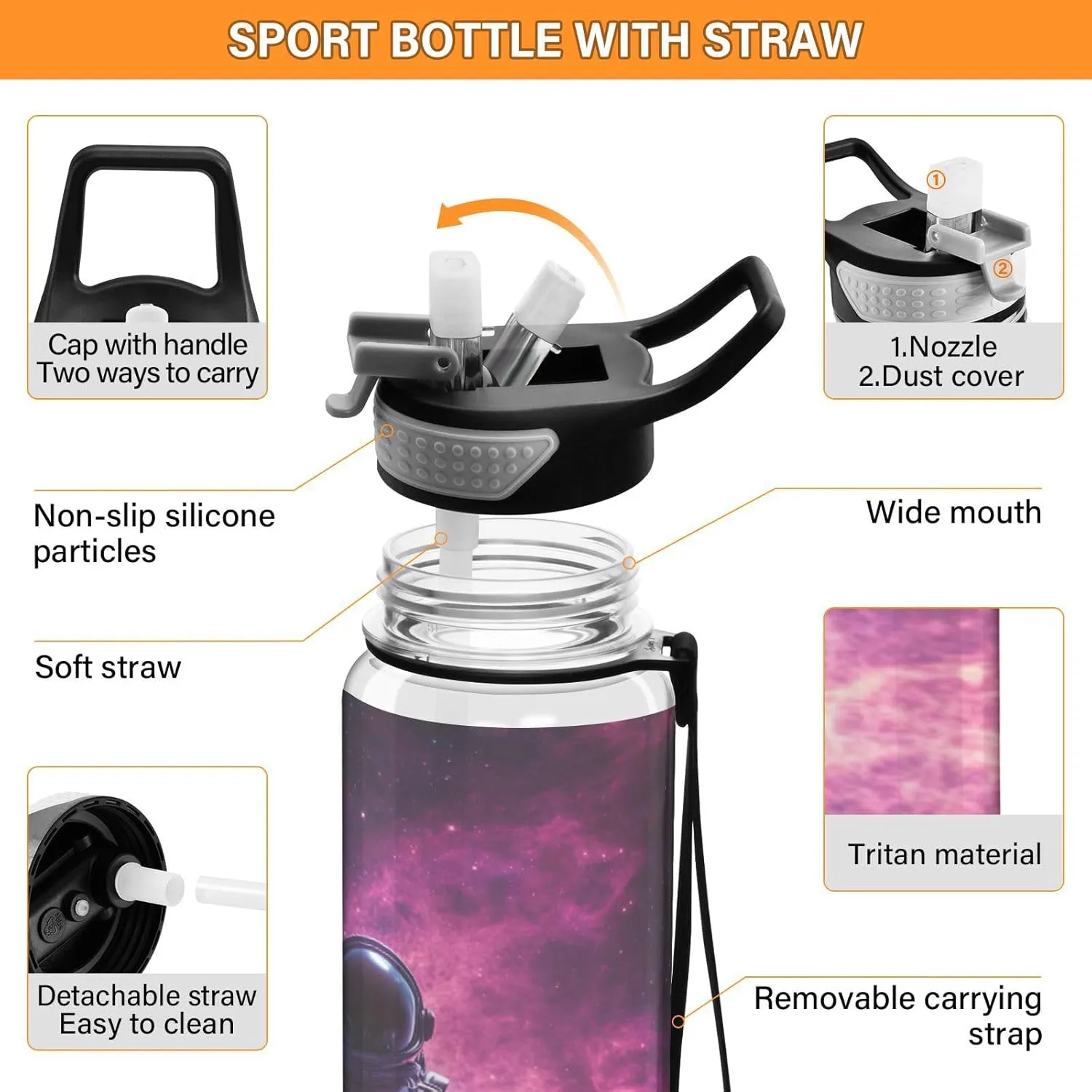 Joisal Astronaut Meditating Space 32 Oz Water Bottle Lid with Straw BPA-Free Slim Water Bottles for Outdoor Sports