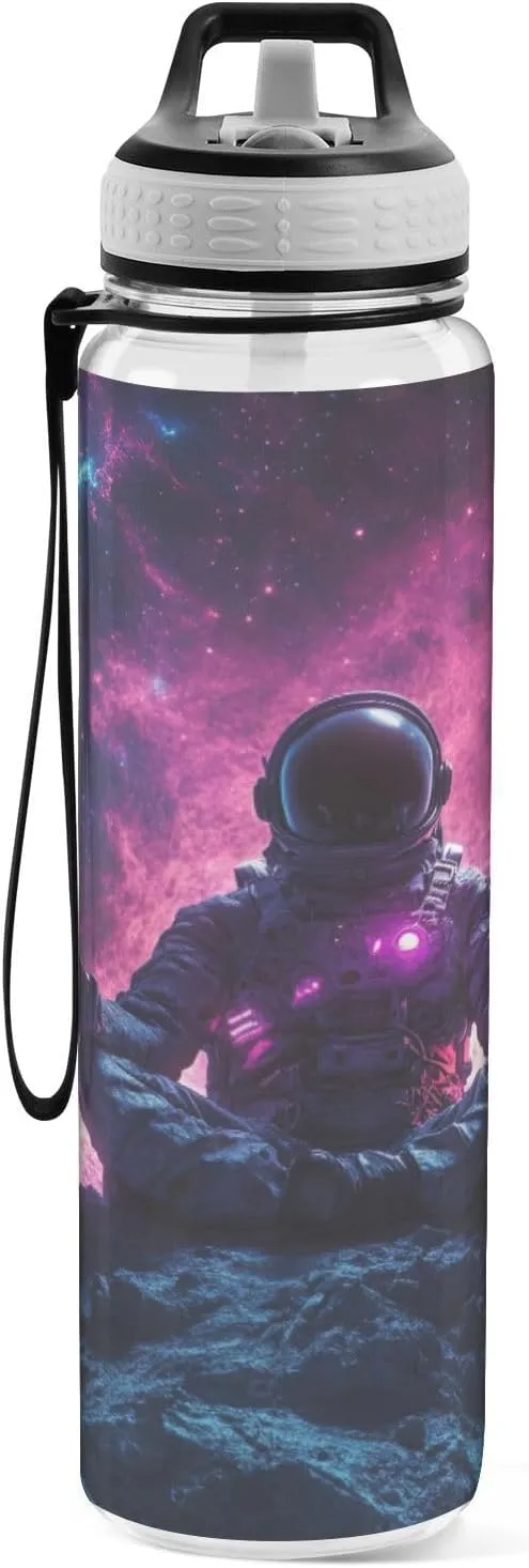 Joisal Astronaut Meditating Space 32 Oz Water Bottle Lid with Straw BPA-Free Slim Water Bottles for Outdoor Sports