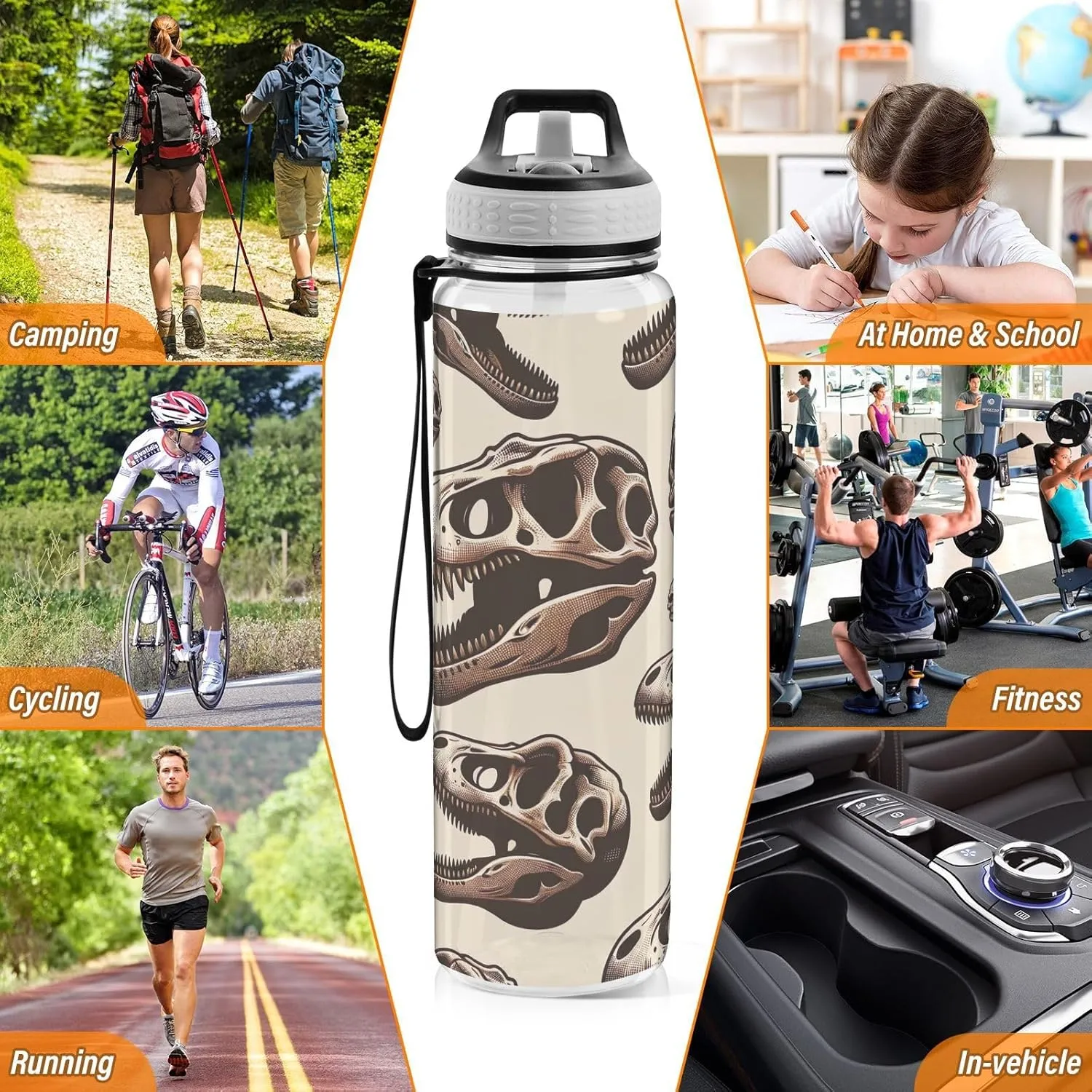 Joisal Dinosaur Skulls 32 Oz Sports Water Bottles with Straw BPA-Free Slim Water Bottles for Outdoor Sports