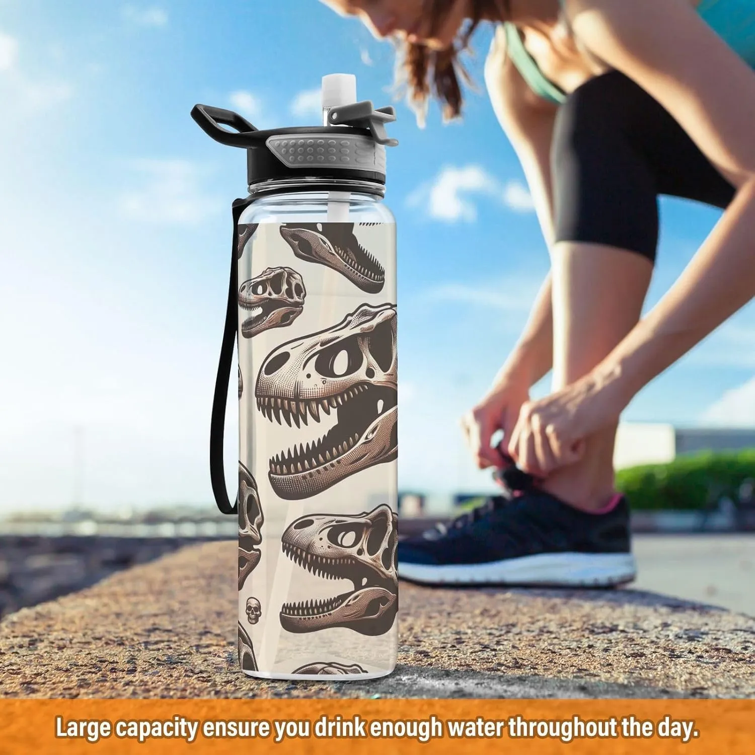 Joisal Dinosaur Skulls 32 Oz Sports Water Bottles with Straw BPA-Free Slim Water Bottles for Outdoor Sports