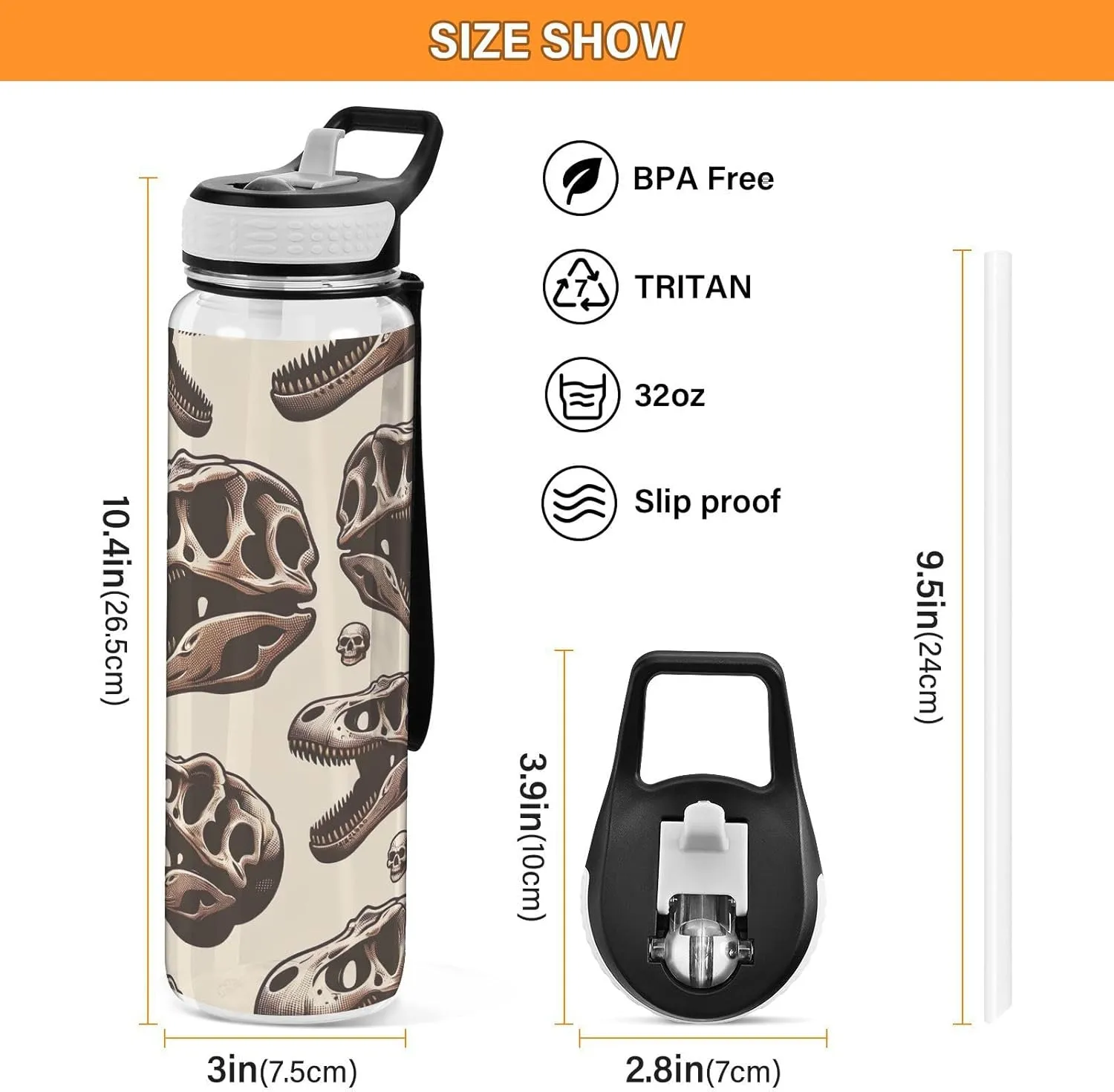 Joisal Dinosaur Skulls 32 Oz Sports Water Bottles with Straw BPA-Free Slim Water Bottles for Outdoor Sports
