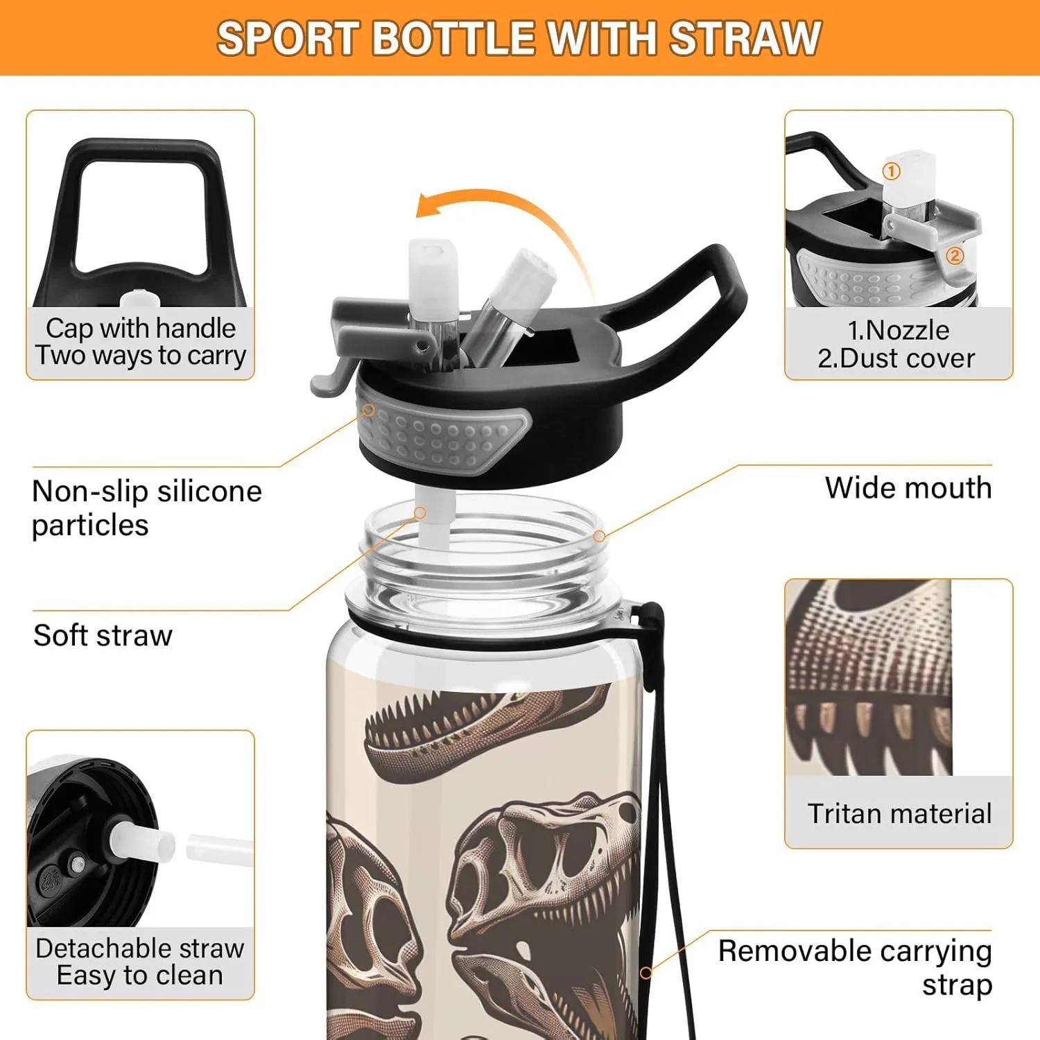 Joisal Dinosaur Skulls 32 Oz Sports Water Bottles with Straw BPA-Free Slim Water Bottles for Outdoor Sports