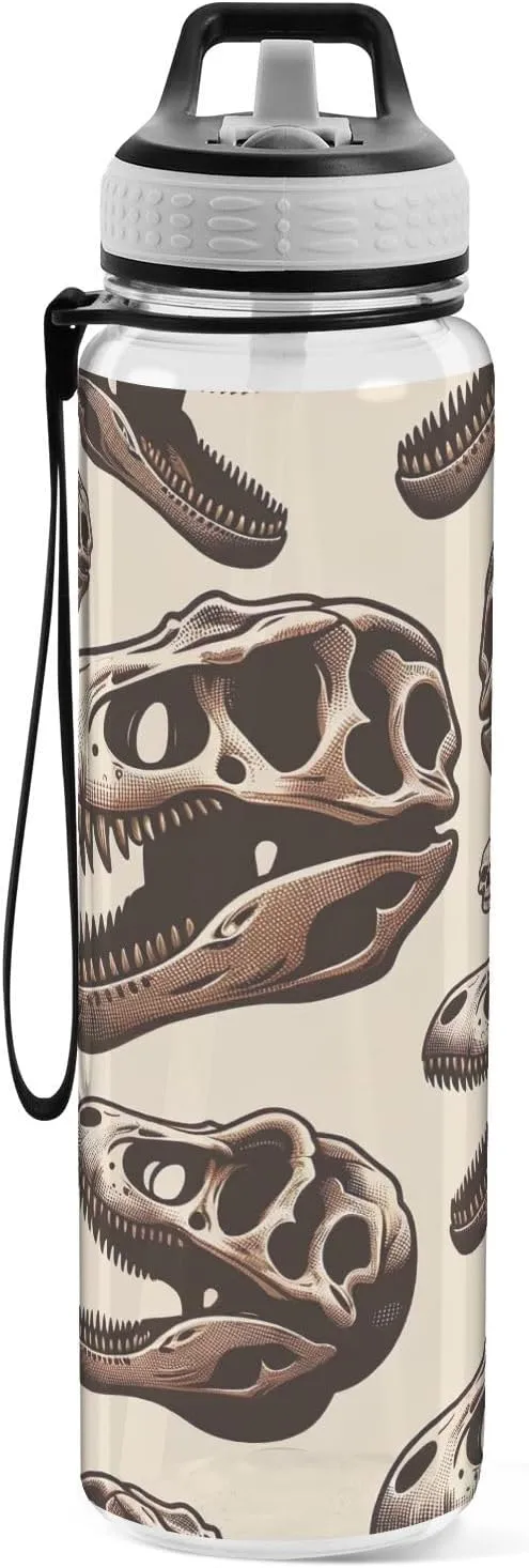 Joisal Dinosaur Skulls 32 Oz Sports Water Bottles with Straw BPA-Free Slim Water Bottles for Outdoor Sports