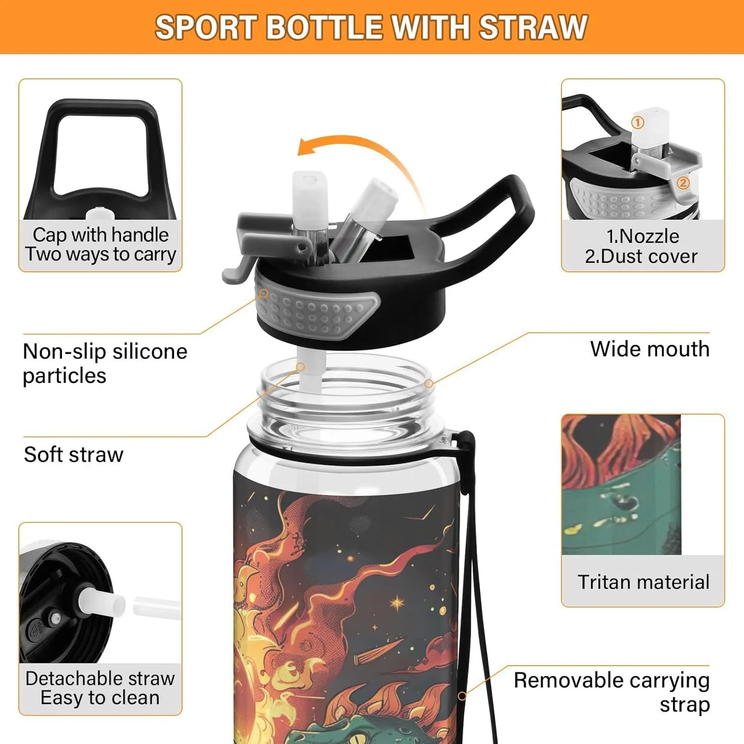 Joisal Fire Breathing Dino 32oz Water Bottles Leakproof Slim Water Bottles for Sports, Cycling, Bike