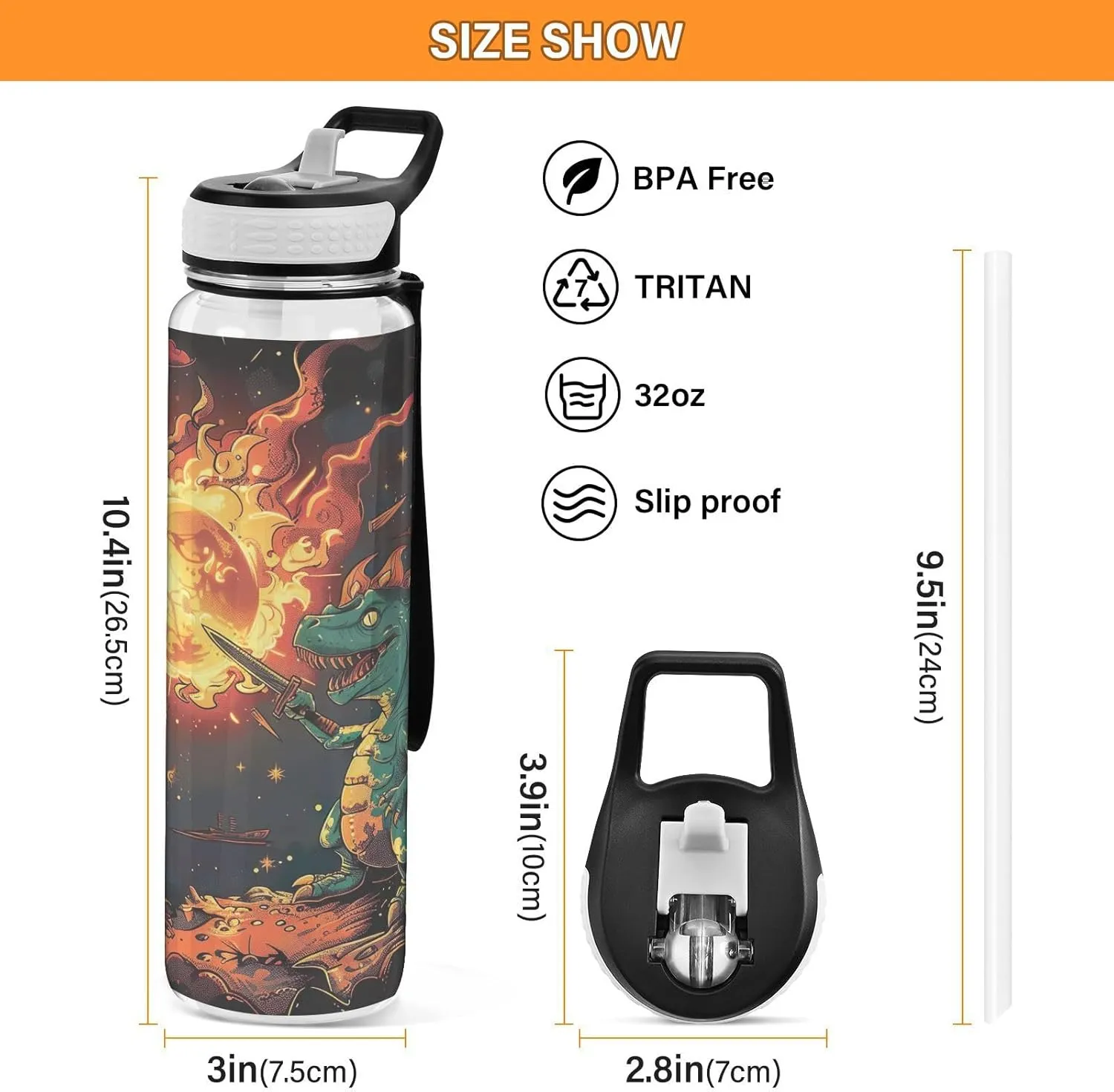 Joisal Fire Breathing Dino 32oz Water Bottles Leakproof Slim Water Bottles for Sports, Cycling, Bike