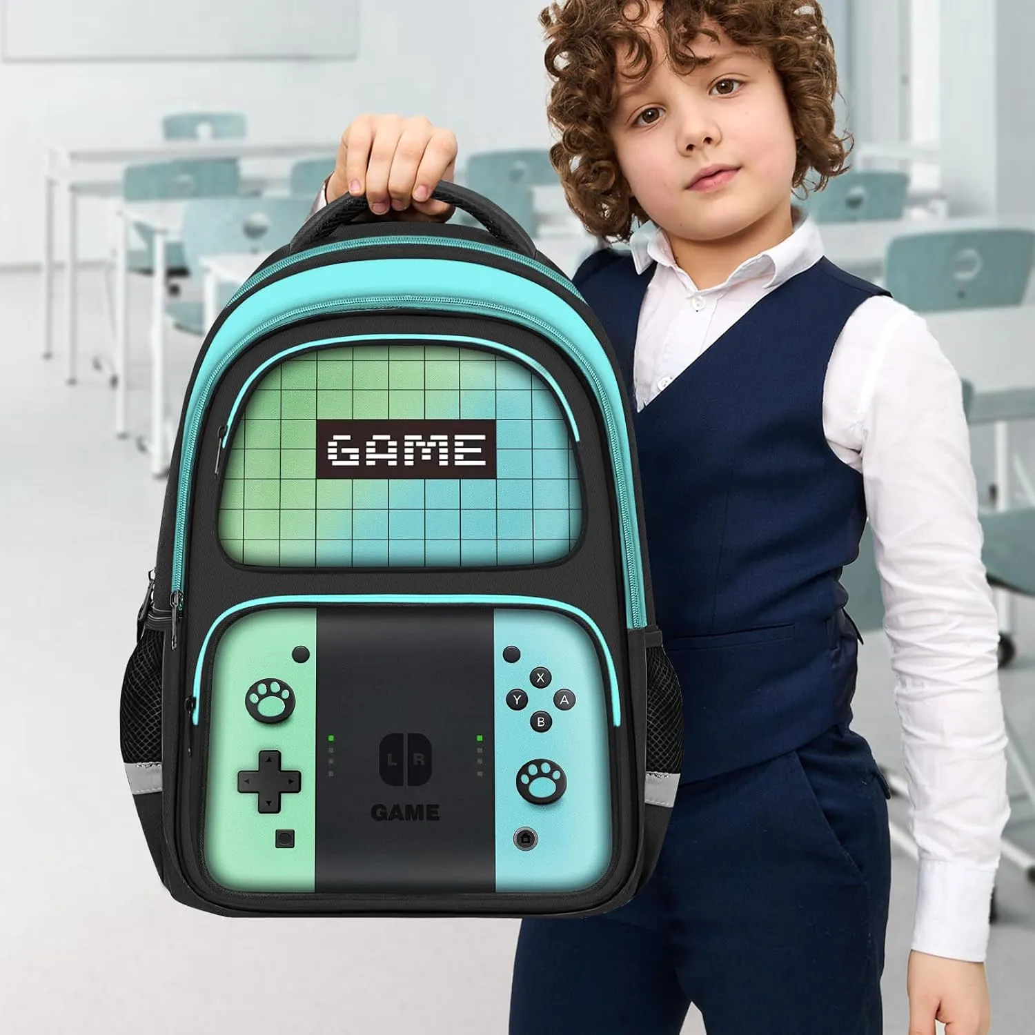 Kids Backpack For Boys，Gamer Boys Backpack For Children Teens Elementary Middle School, 17″ Students Bookbag