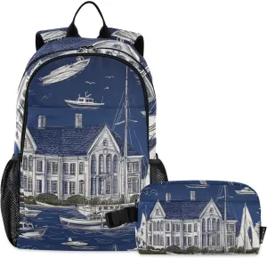 Kids Backpacks Set Ship Ocean Blue Wharf Boys Girls Backpack with Lunch Bag Toddler Bookbag