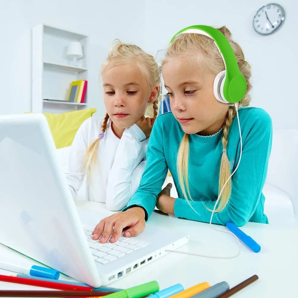 Kids Headphones, Two Audio Port for Sharing, Headphones for kids with mic & Volume Limiting, Baby Children Toddlers Boys Girls Laptop Tablet Class travel school use（green