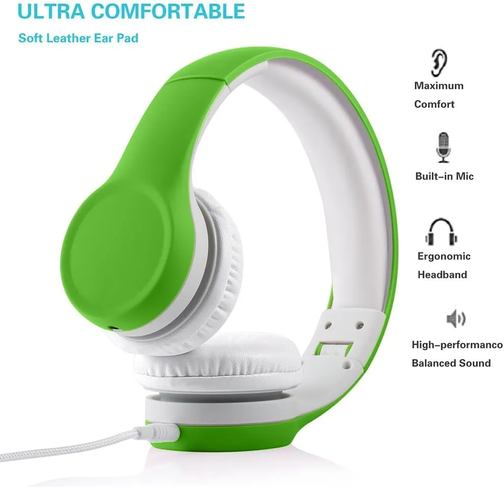 Kids Headphones, Two Audio Port for Sharing, Headphones for kids with mic & Volume Limiting, Baby Children Toddlers Boys Girls Laptop Tablet Class travel school use（green