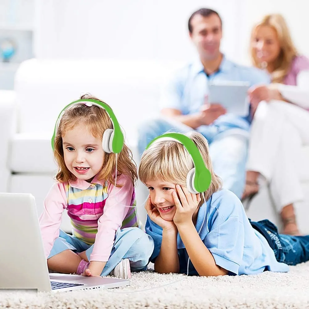 Kids Headphones, Two Audio Port for Sharing, Headphones for kids with mic & Volume Limiting, Baby Children Toddlers Boys Girls Laptop Tablet Class travel school use（green