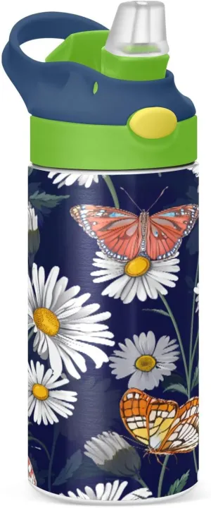 Kigai Daisy Flutter Kids Water Bottle, Stainless Steel Vacuum Insulated Water Bottle with Straw Lid, Leak-Proof Sport Bottle for School or Travel, 12 oz