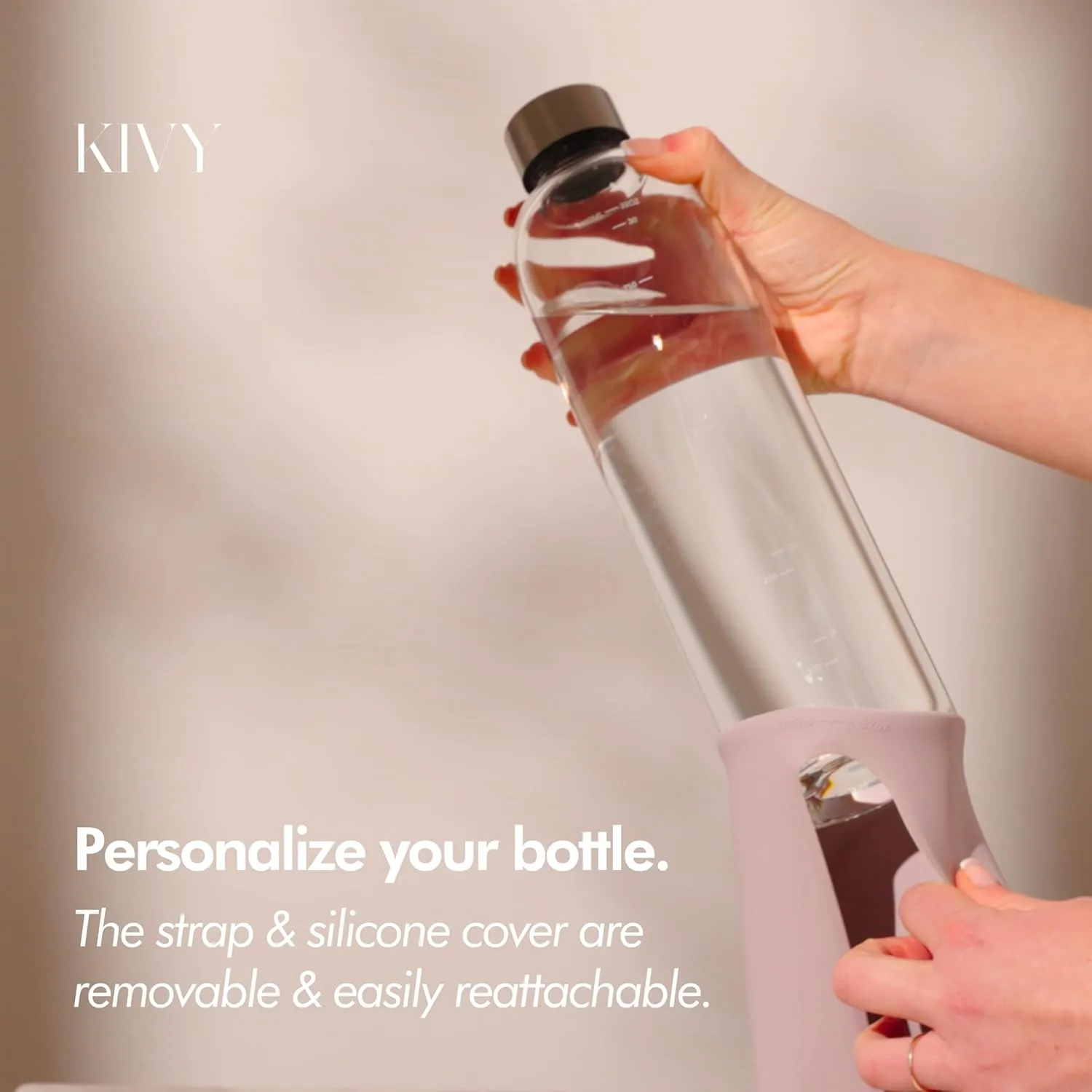 KIVY Glass Water Bottle with Silicone Sleeve 32 oz [WITH MEASUREMENT] - Borosilicate Glass Water Bottle Screw Top - Clear Bottles with Measurement Marking - Slim Waterbottle Aesthetic - Taupe