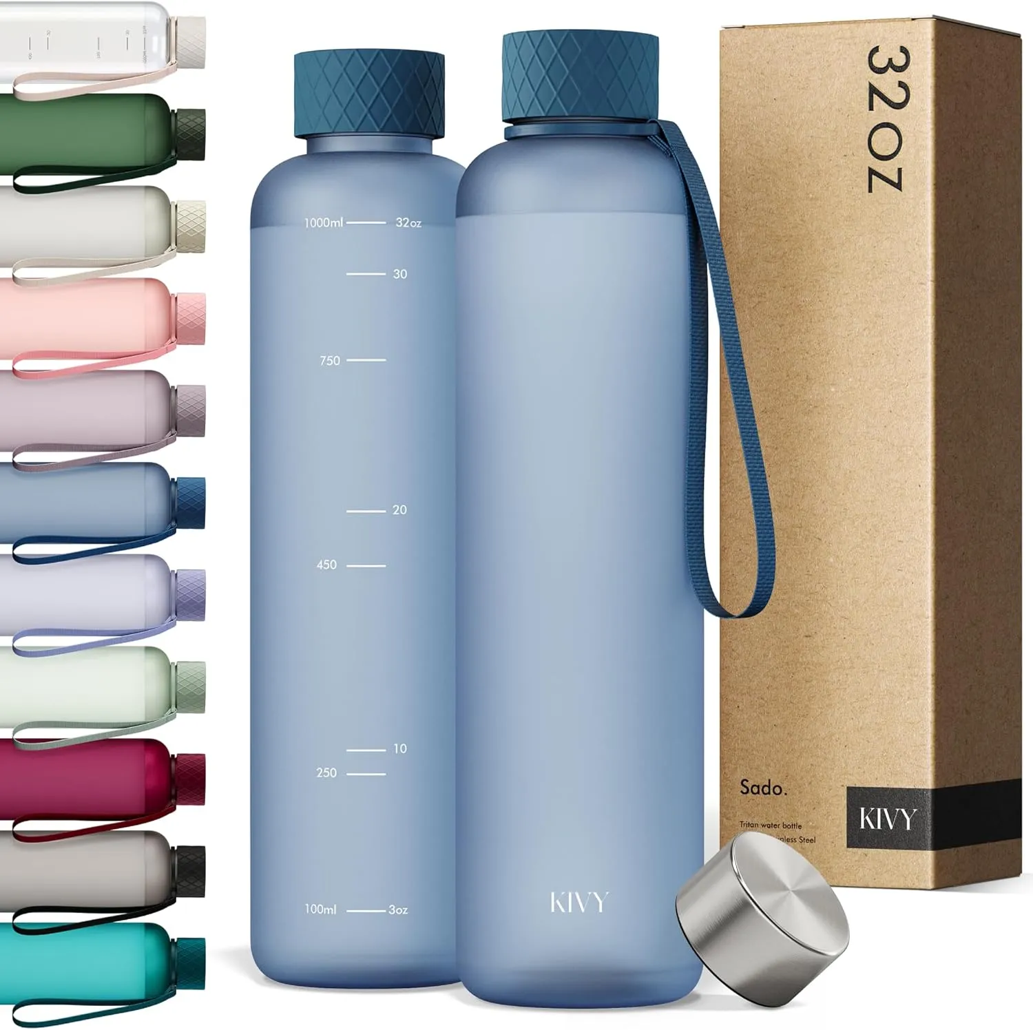 KIVY Slim Water Bottle 32oz [Lightweight & Shatterproof] Fits Backpack & Cupholder for Travel, Sports, School - Blue water bottle no straw - Cute aesthetic water bottles screw top - Dishwasher Safe
