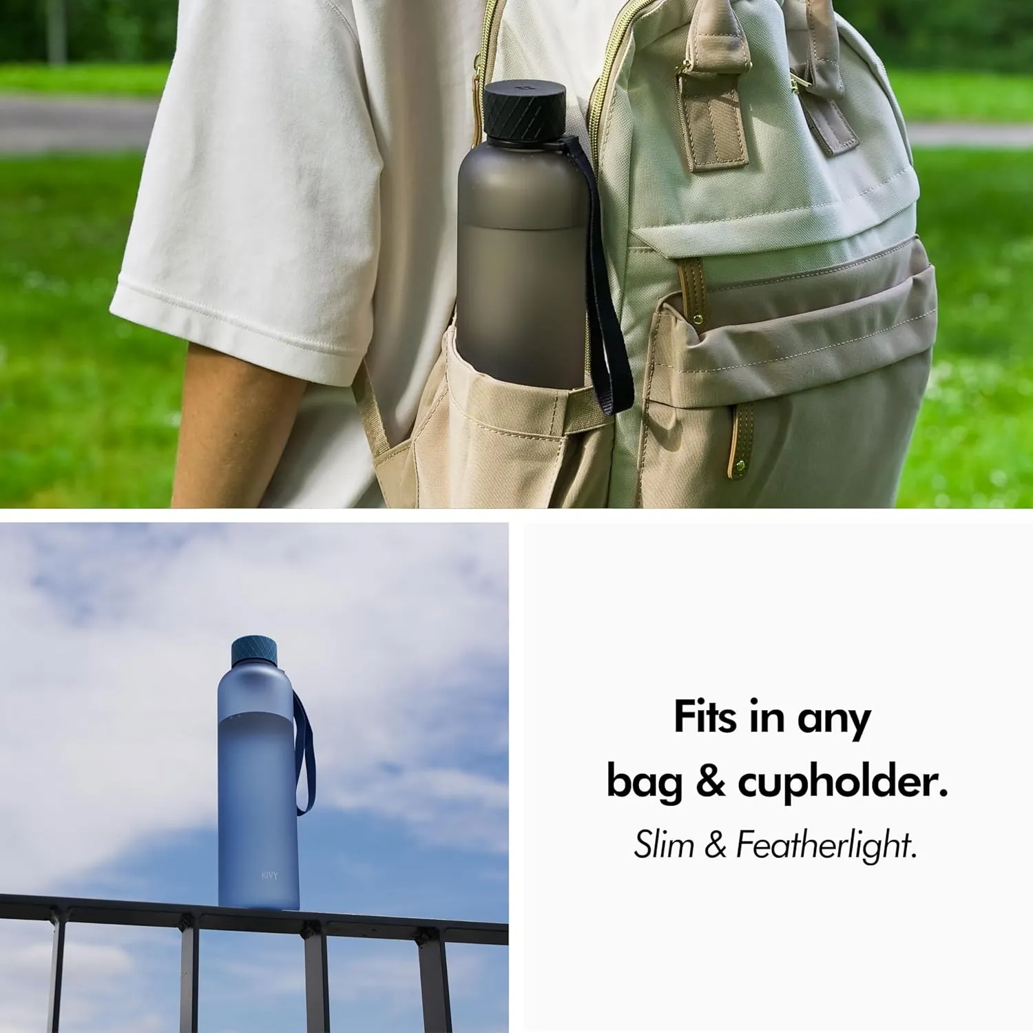 KIVY Slim Water Bottle 32oz [Lightweight & Shatterproof] Fits Backpack & Cupholder for Travel, Sports, School - Blue water bottle no straw - Cute aesthetic water bottles screw top - Dishwasher Safe