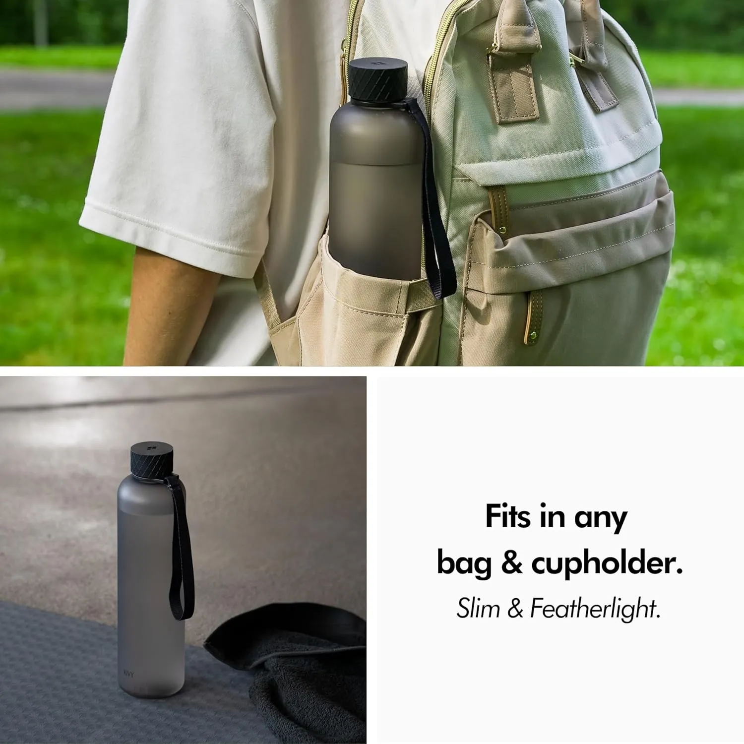 KIVY Slim Water Bottle 32oz [Lightweight & Shatterproof] Fits Backpack & Cupholder for Travel, Sports, School, Gym - Black water bottle no straw - Mens water bottle screw top - Dishwasher Safe