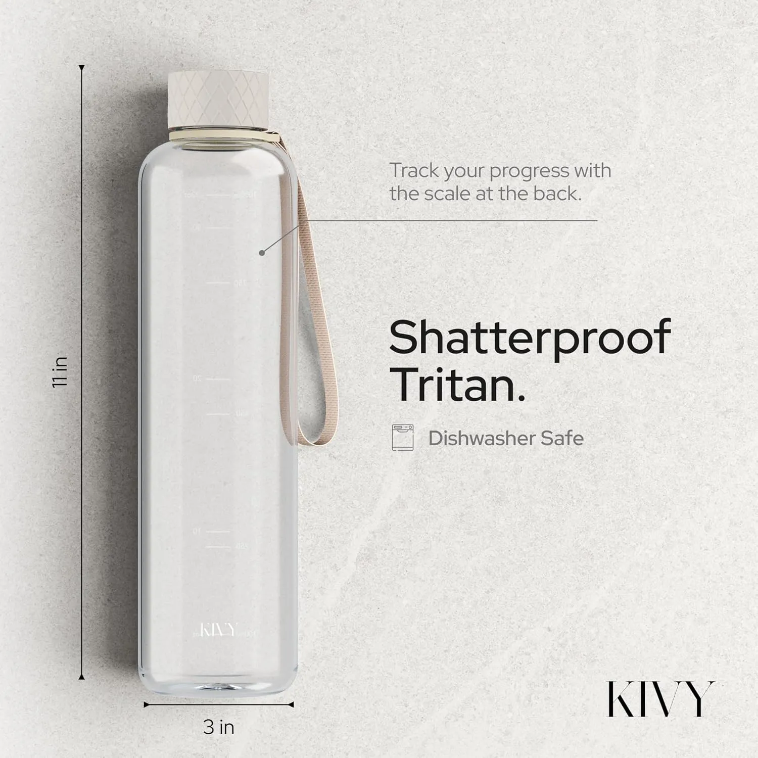 KIVY Slim Water Bottle 32oz [Lightweight & Shatterproof] Fits Backpack & Cupholder for Travel, Sports, School, Gym - Clear water bottle with measurements - Transparent Tritan Beige - Dishwasher Safe