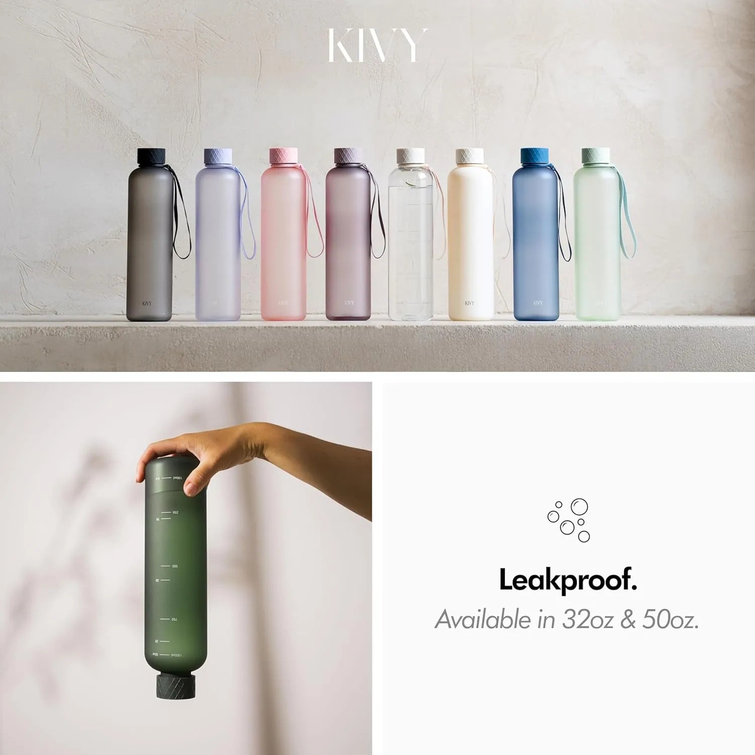 KIVY Slim Water Bottle 32oz [Lightweight & Shatterproof] Fits Backpack & Cupholder for Travel, Sports, School, Gym - Clear water bottle with measurements - Transparent Tritan Beige - Dishwasher Safe