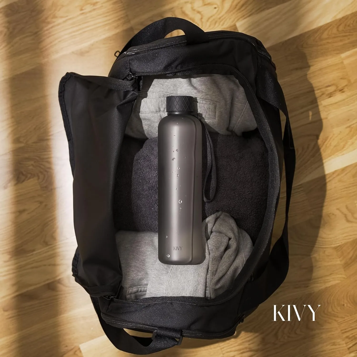 KIVY Slim Water Bottle 32oz [Lightweight & Shatterproof] Fits Backpack & Cupholder for Travel, Sports, School, Gym - Clear water bottle with measurements - Transparent Tritan Beige - Dishwasher Safe