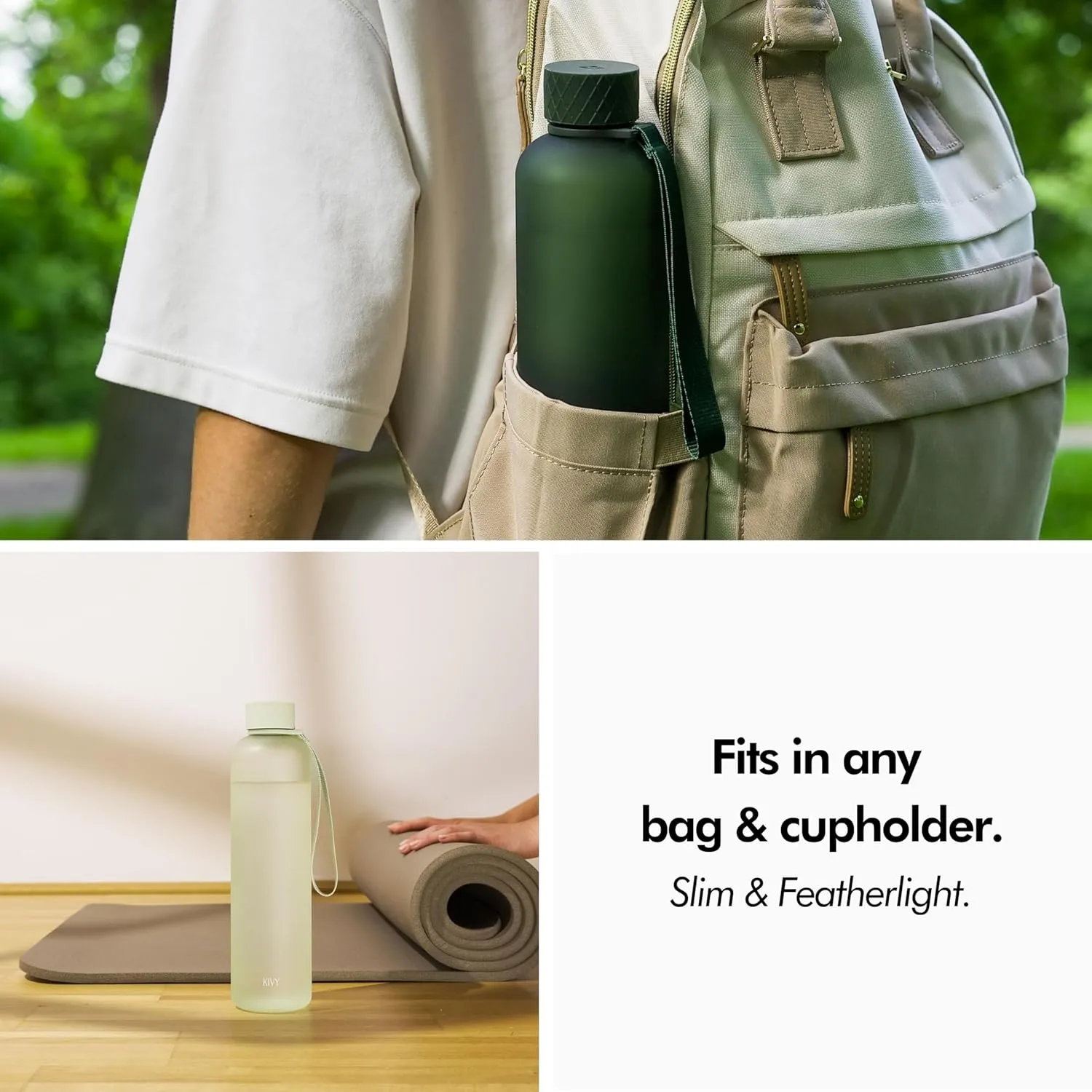 KIVY Slim Water Bottle 32oz [Lightweight & Shatterproof] Fits Backpack & Cupholder for Travel, Sports, School, Gym - Sage green water bottle no straw - Gym water bottle screw top - Dishwasher Safe