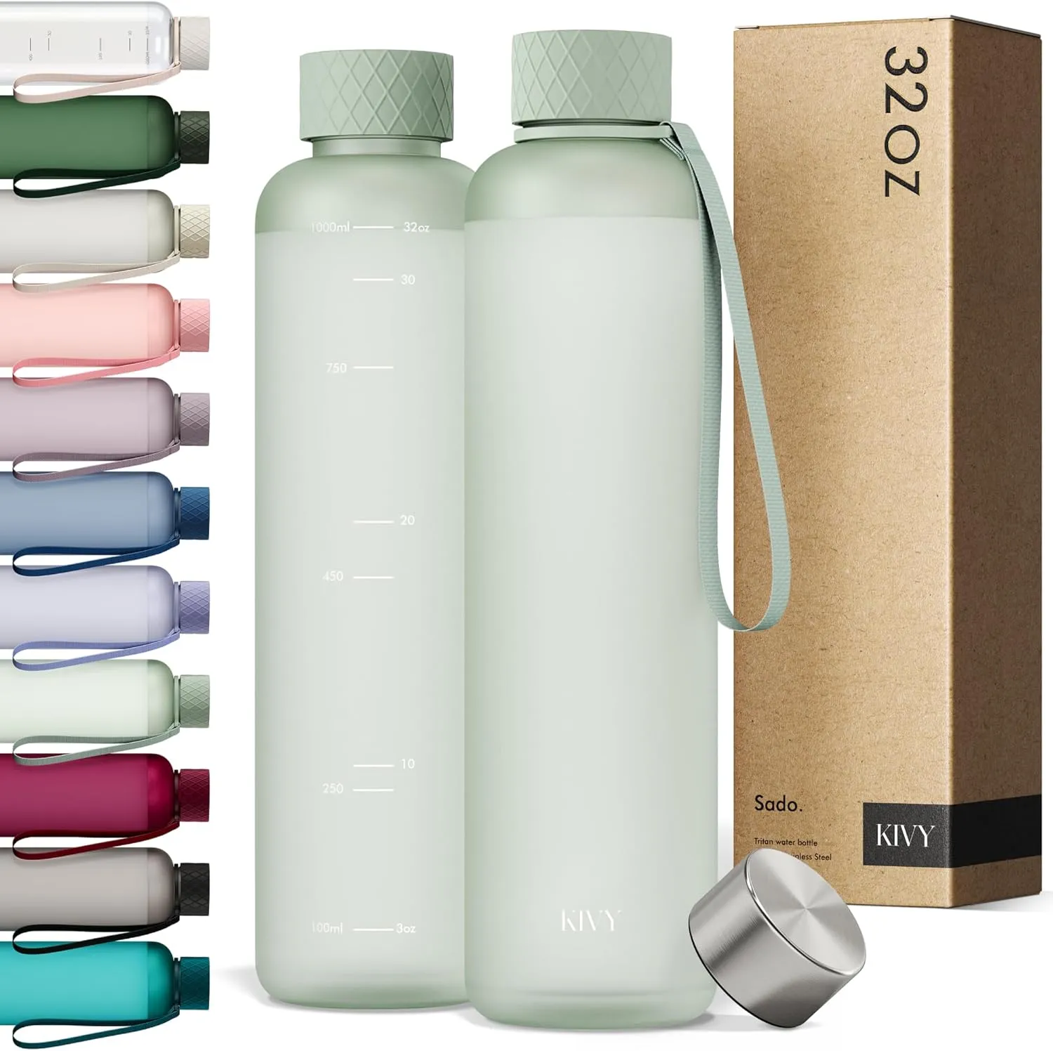 KIVY Slim Water Bottle 32oz [Lightweight & Shatterproof] Fits Backpack & Cupholder for Travel, Sports, School, Gym - Sage green water bottle no straw - Gym water bottle screw top - Dishwasher Safe