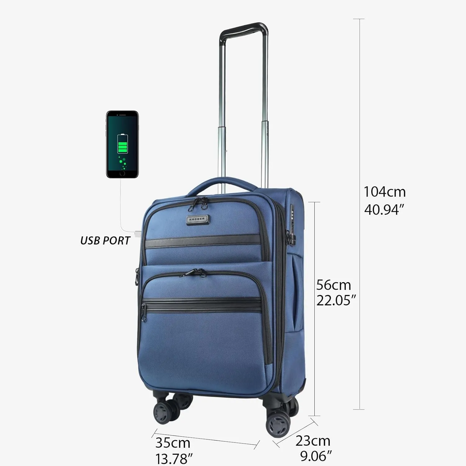 KROSER Softside Expandable Carry On Luggage with Spinner Wheels & Built-in TSA Lock, Durable Suitcase Rolling Luggage with USB Port, Carry-On 20-Inch, Haze Blue