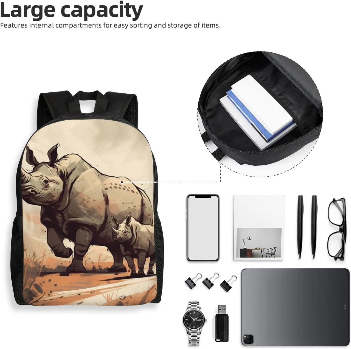 Laptop Backpack for Women Men Carry-on Backpack Rhinoceros in Comic Style Daypack Lightweight Travel Shoulder Bags
