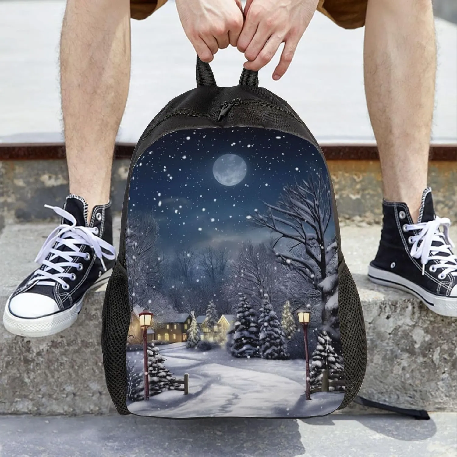 Laptop Backpack for Women Men Carry-on Backpack Winter Snowing Night Daypack Lightweight Travel Shoulder Bags