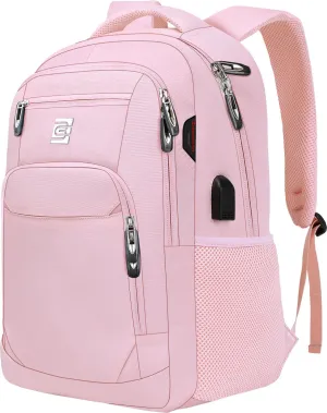Laptop Backpack,Business Travel Anti Theft Slim Durable Laptops Backpack with USB Charging Port,Water Resistant College Computer Bag for Women & Men Fits 15.6 Inch Laptop and Notebook-Light Pink