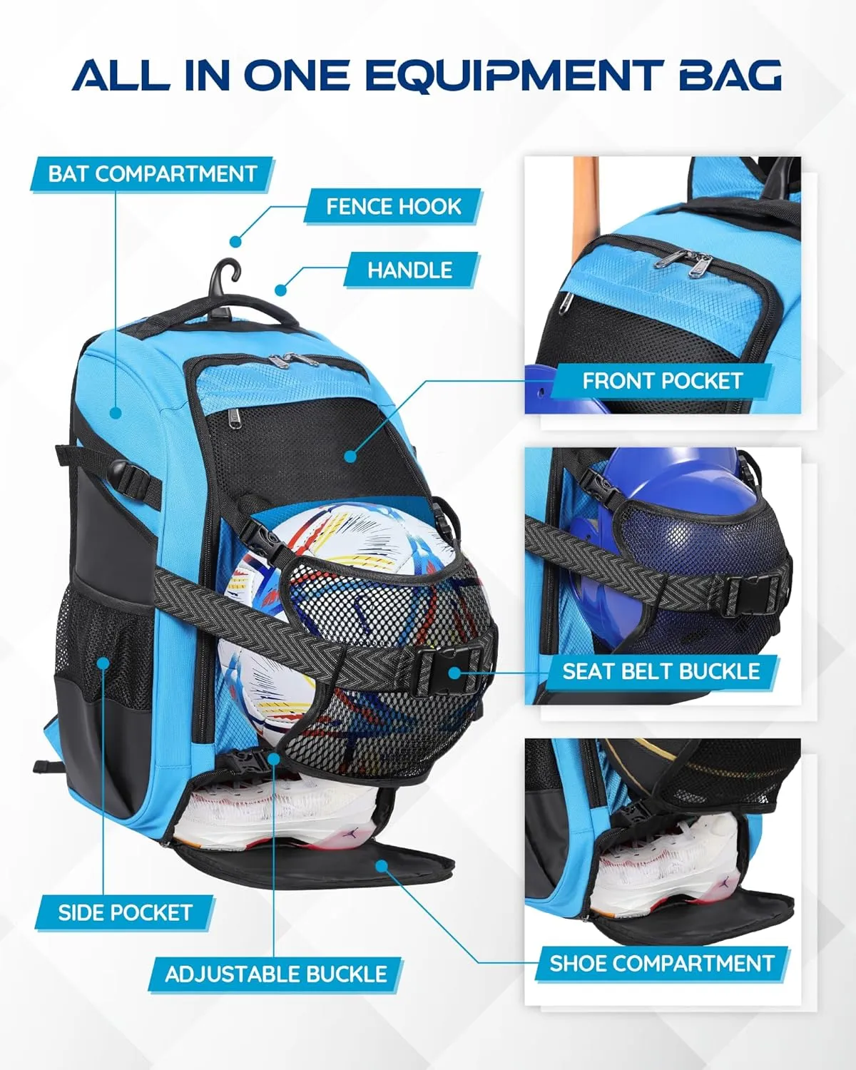 Large Baseball Backpack for Adult Youth 42L Softball Bat Bag with Detachable Adjustable Helmet Mesh Pocket Fit Basketball Soccer Volleyball Baseball Equipment Bag for Men Women 12  Boys Girls