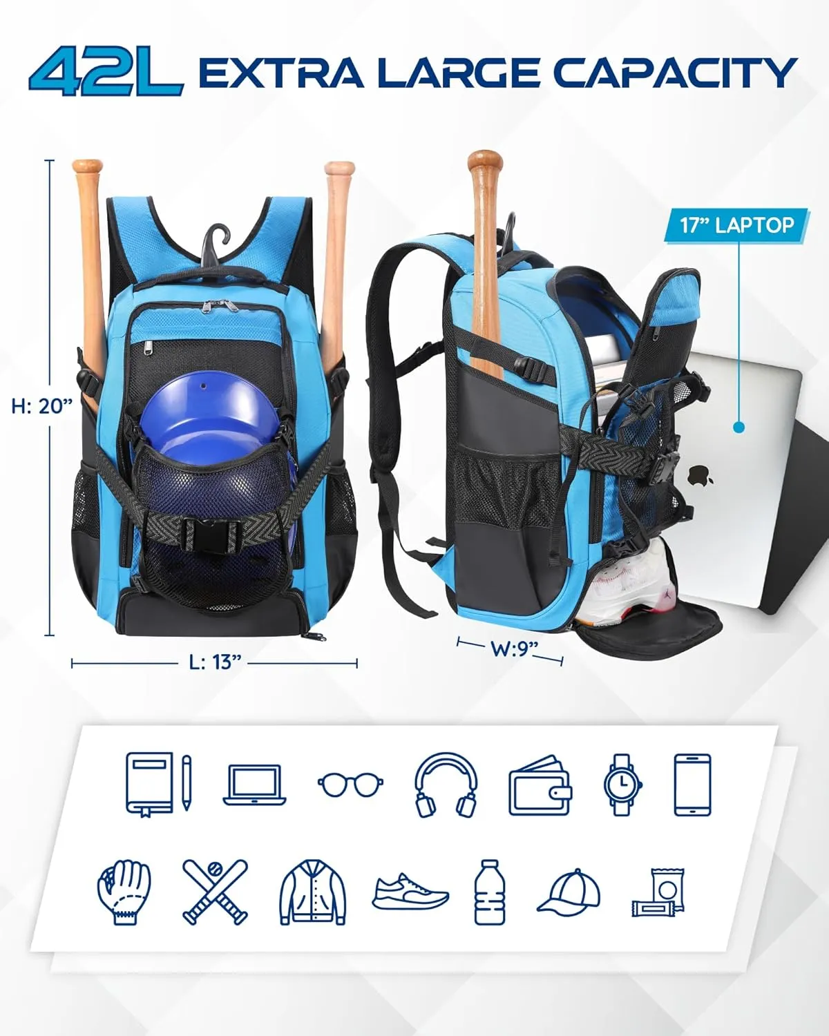 Large Baseball Backpack for Adult Youth 42L Softball Bat Bag with Detachable Adjustable Helmet Mesh Pocket Fit Basketball Soccer Volleyball Baseball Equipment Bag for Men Women 12  Boys Girls