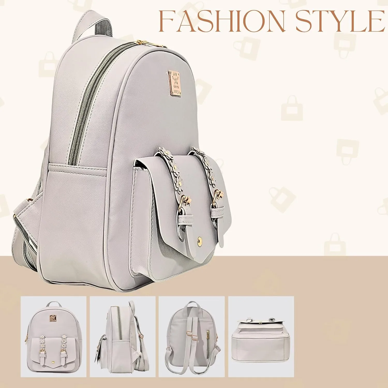Leather Mini Backpack Purse for Women 3-Piece Set Floral Cute Small Casual Travel School Daypacks Little Wallet Bag（Grey）