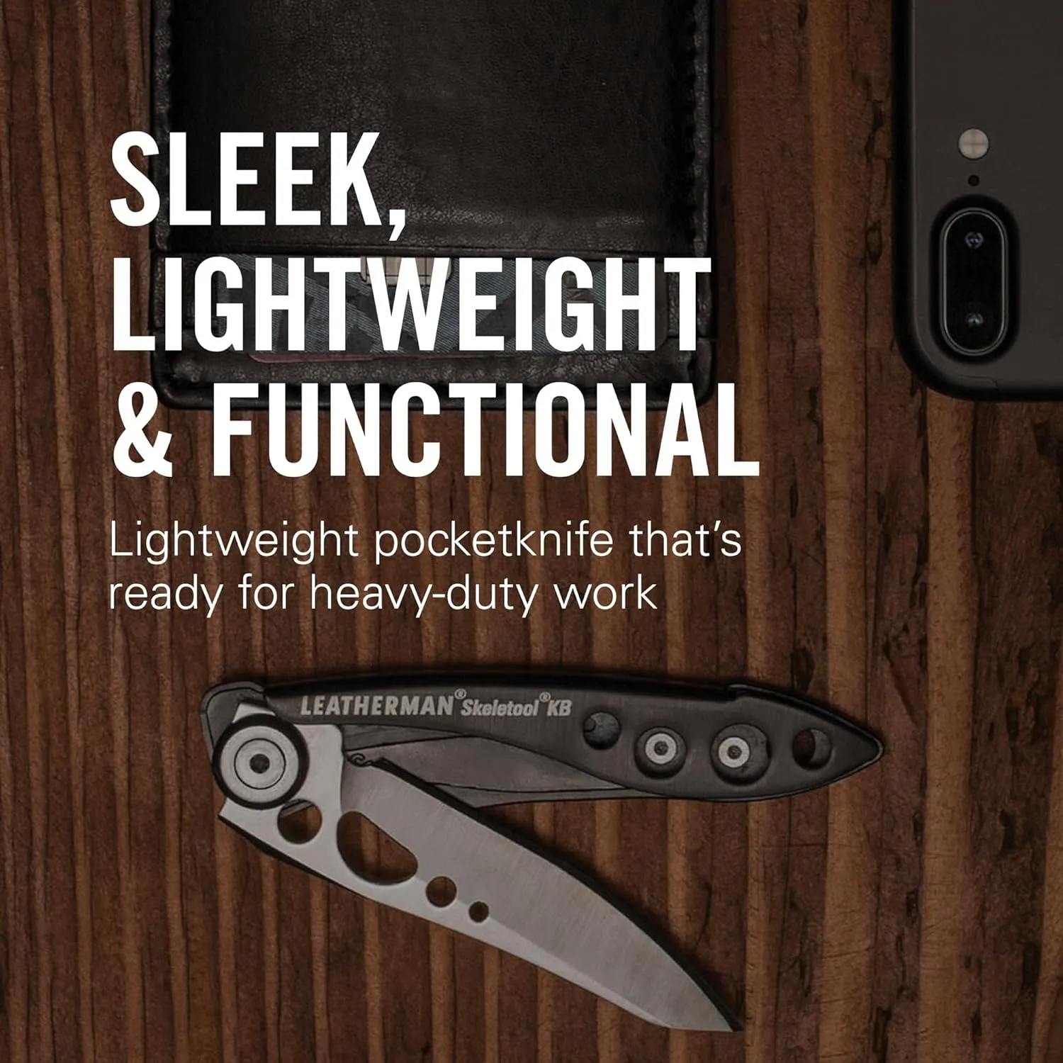 LEATHERMAN, Skeletool KB Pocketknife with Straight Edge, Stainless Steel Blade and Bottle Opener, Onyx
