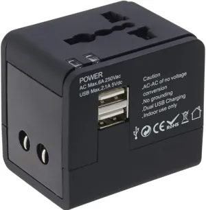 Lewis N. Clark Global Wall Adapter   Portable Charger with Dual USB Ports for Standard   Recessed Outlets (over 175 countries) for Cell Phones, Tablets, Laptops, Black