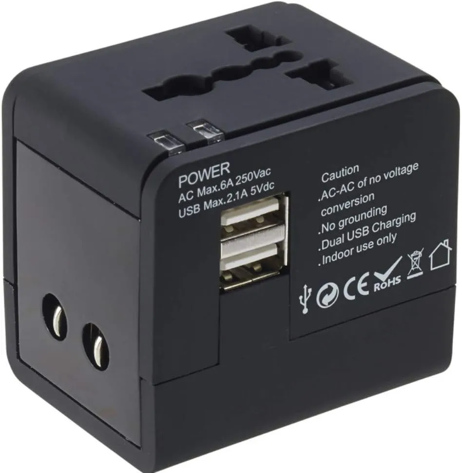 Lewis N. Clark Global Wall Adapter   Portable Charger with Dual USB Ports for Standard   Recessed Outlets (over 175 countries) for Cell Phones, Tablets, Laptops, Black