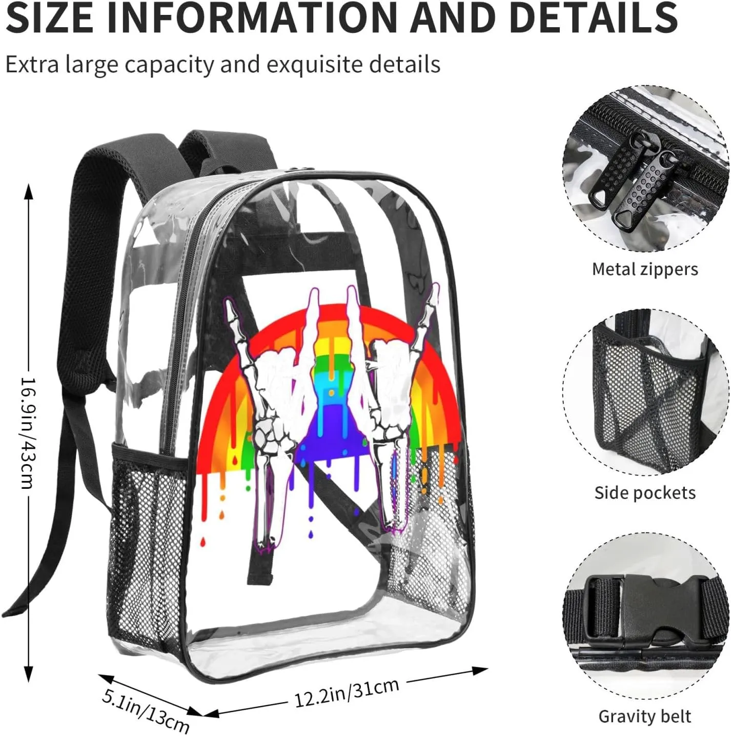LGBT Rainbow Gay Pride Flag rock skeleton skull gesture 16 Inch Clear PVC Backpacks Transparent Backpack Multipurpose Double Shoulder Bag for Men Women Gifts