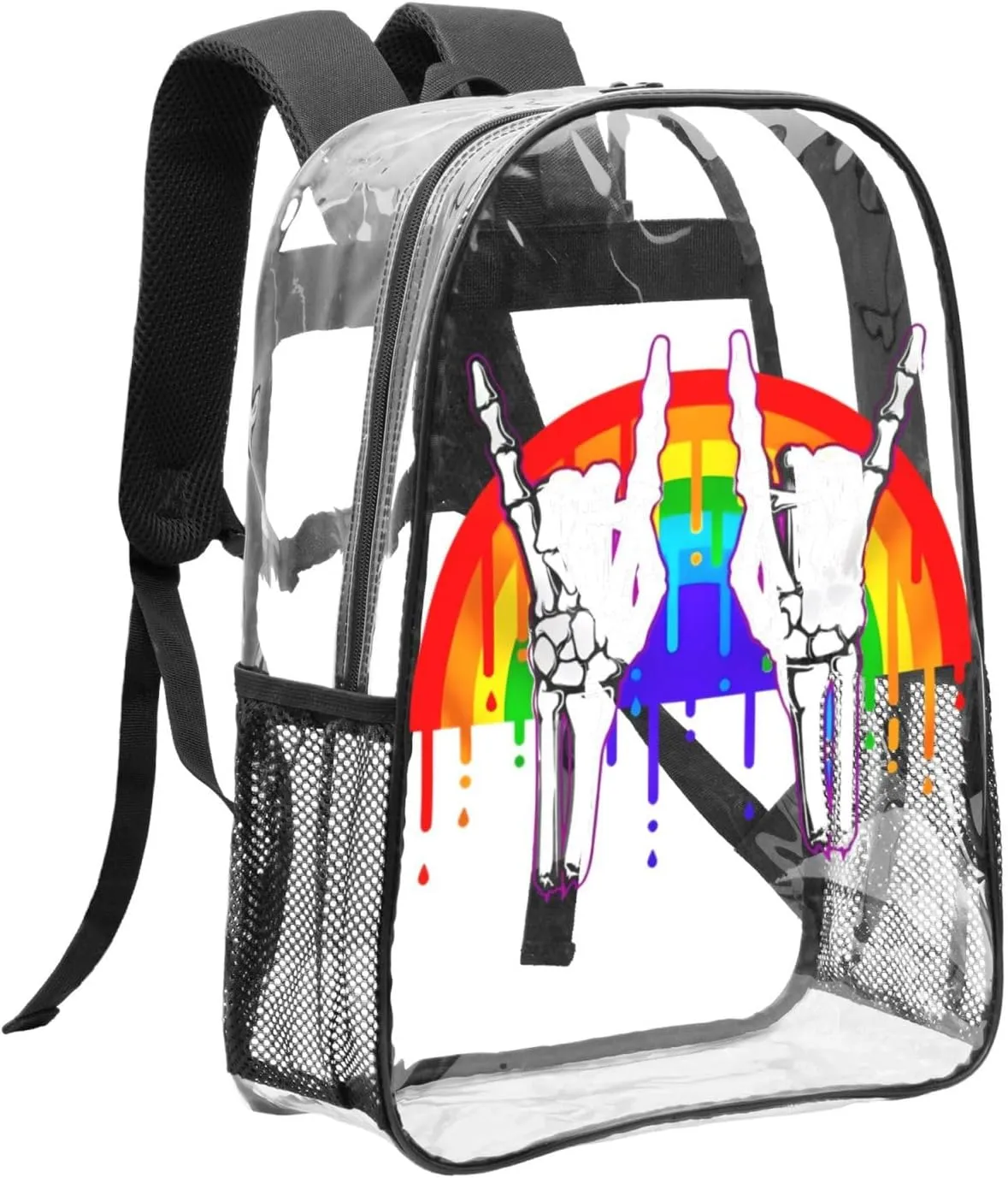 LGBT Rainbow Gay Pride Flag rock skeleton skull gesture 16 Inch Clear PVC Backpacks Transparent Backpack Multipurpose Double Shoulder Bag for Men Women Gifts