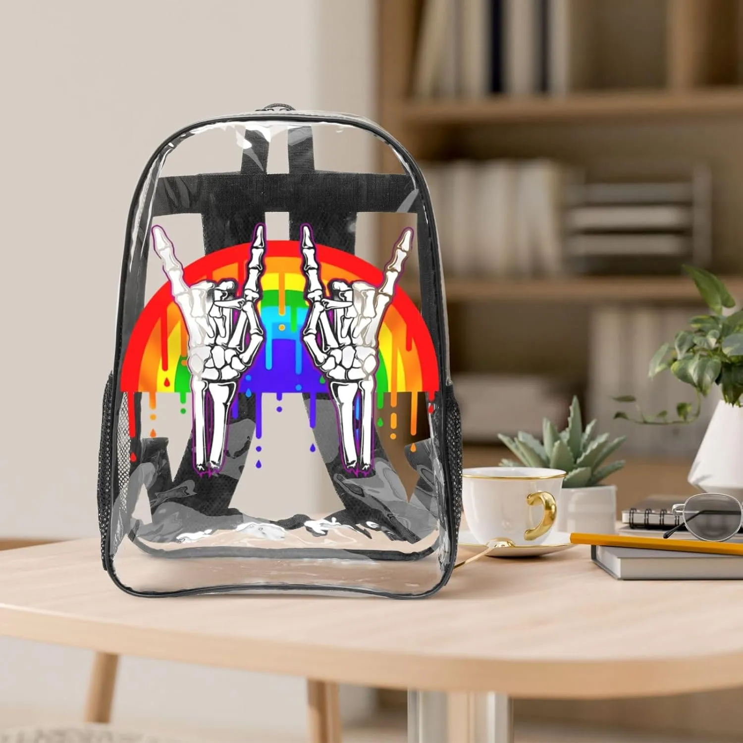 LGBT Rainbow Gay Pride Flag rock skeleton skull gesture 16 Inch Clear PVC Backpacks Transparent Backpack Multipurpose Double Shoulder Bag for Men Women Gifts