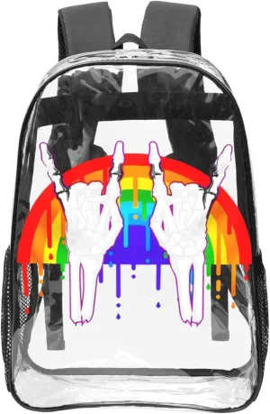 LGBT Rainbow Gay Pride Flag rock skeleton skull gesture 16 Inch Clear PVC Backpacks Transparent Backpack Multipurpose Double Shoulder Bag for Men Women Gifts