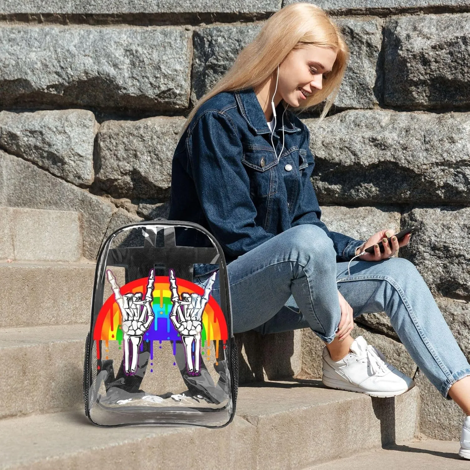 LGBT Rainbow Gay Pride Flag rock skeleton skull gesture 16 Inch Clear PVC Backpacks Transparent Backpack Multipurpose Double Shoulder Bag for Men Women Gifts