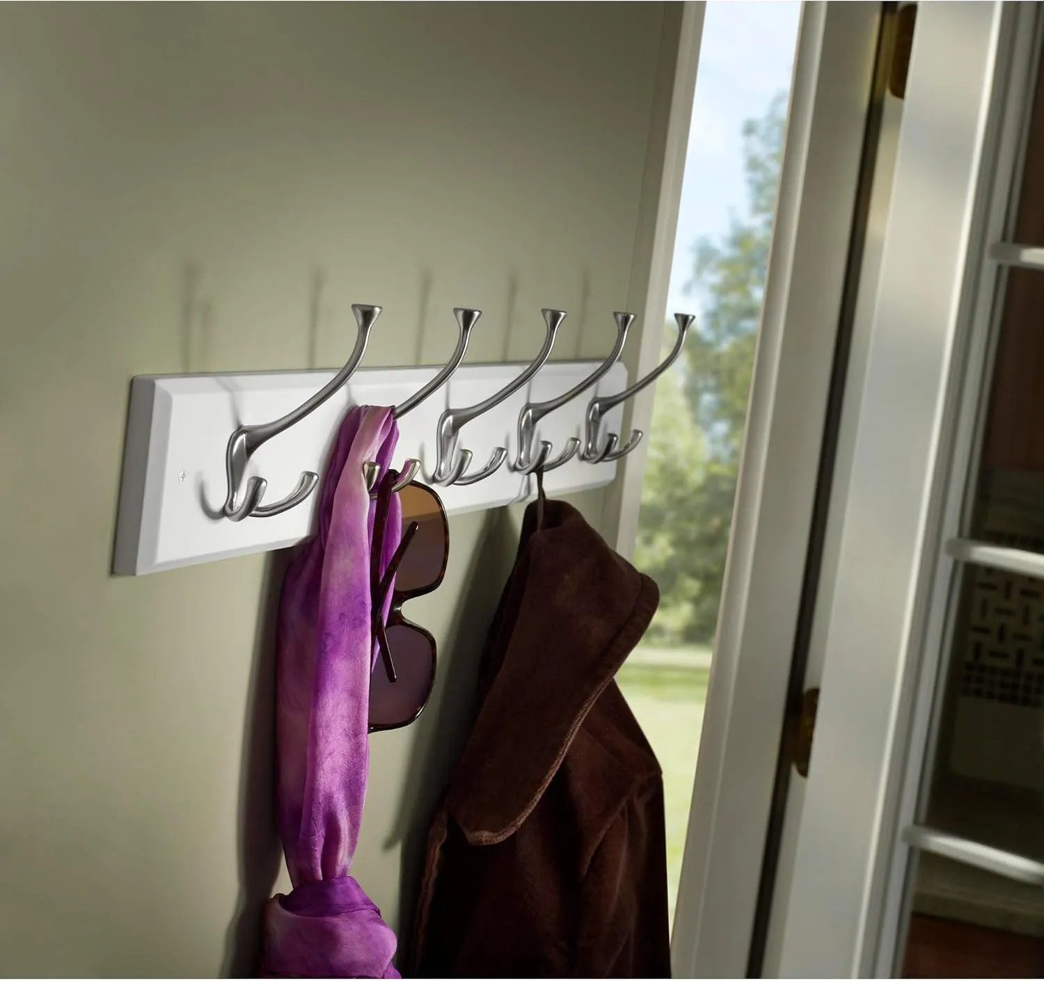 Liberty Hardware 129848 Wall Mounted Coat Rack with 5 Decorative Hooks, 27-Inch, Satin Nickel and White