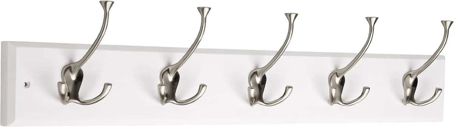 Liberty Hardware 129848 Wall Mounted Coat Rack with 5 Decorative Hooks, 27-Inch, Satin Nickel and White