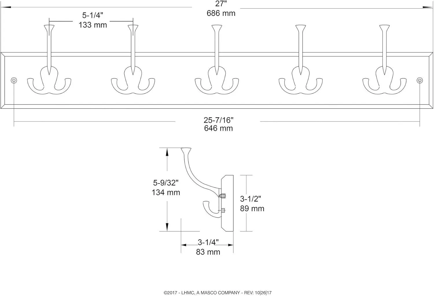 Liberty Hardware 129848 Wall Mounted Coat Rack with 5 Decorative Hooks, 27-Inch, Satin Nickel and White