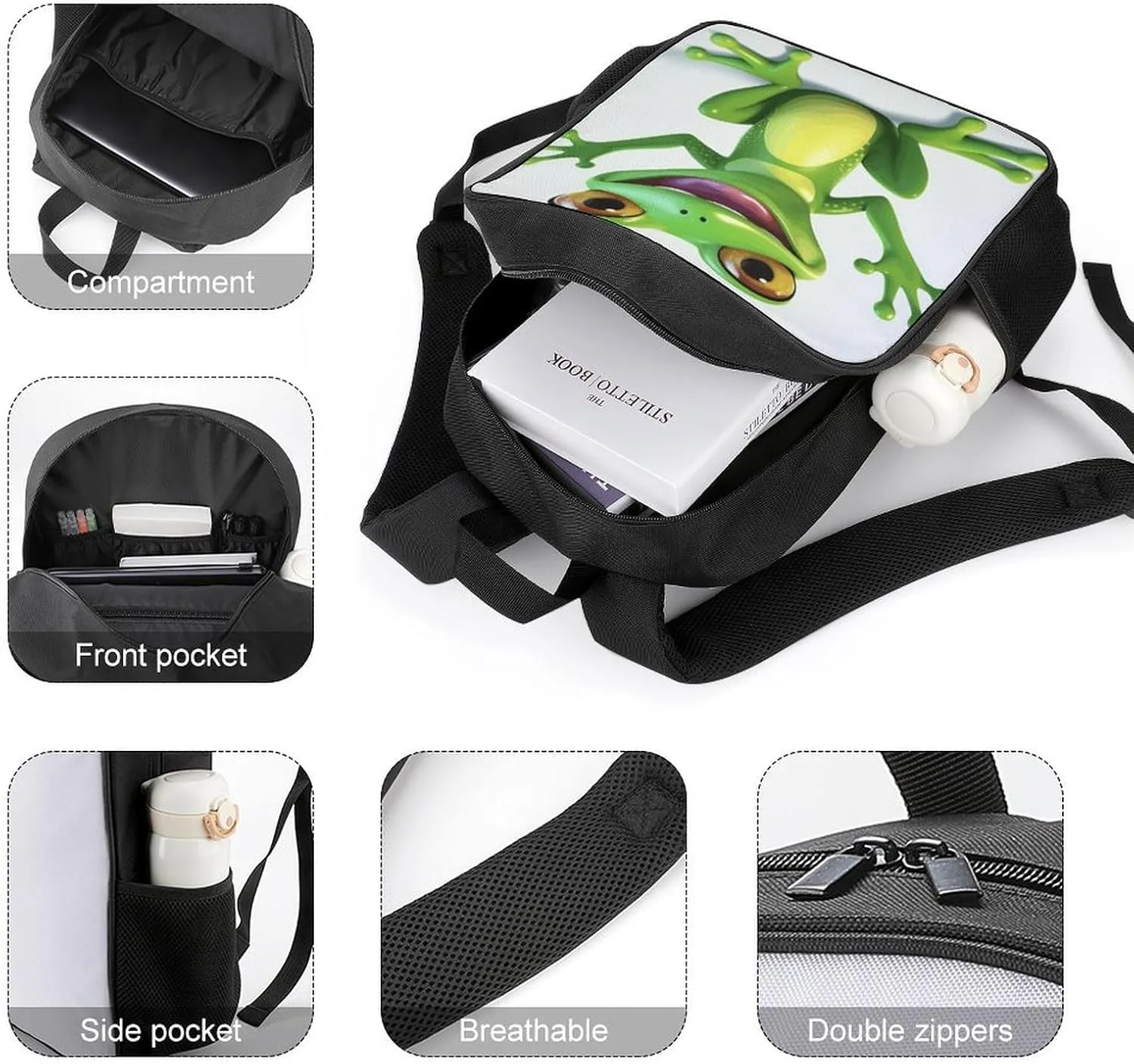 Lightweight Backpacks Cute Travel Bag Durable Green Frog Printing Small Travel Backpack For Women & Men
