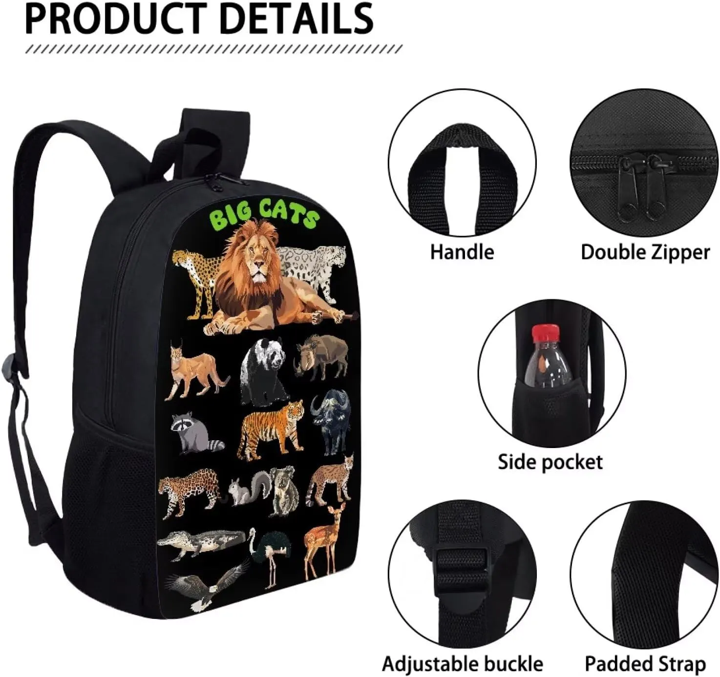 Lion Cheetah Panda Tiger Print Kids Backpack for Boys Girls Elementary Cute Zoo Animal School Bag 17 inch Multifunctional Large Capacity Durable Travel Backpack