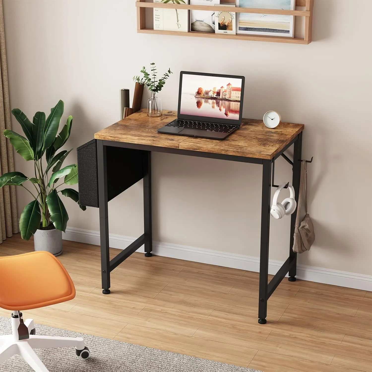 Lufeiya Small Desk for Small Spaces, 24 Inch Kids Girls Study Writing Mini Desks for Bedroom, Simple Modern Laptop PC Little Side Table with Storage Bag Headphone Hooks, Rustic Brown