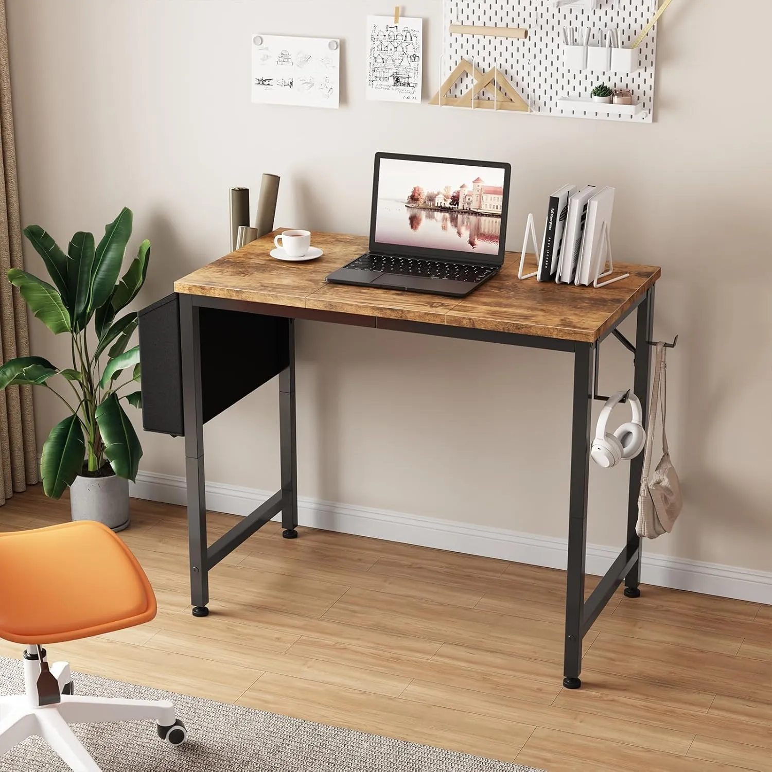 Lufeiya Small Desk for Small Spaces, 32 Inch Kids Girls Study Writing Desks for Bedroom, Simple Modern Laptop PC Little Side Table with Storage Bag Headphone Hooks, Rustic Brown
