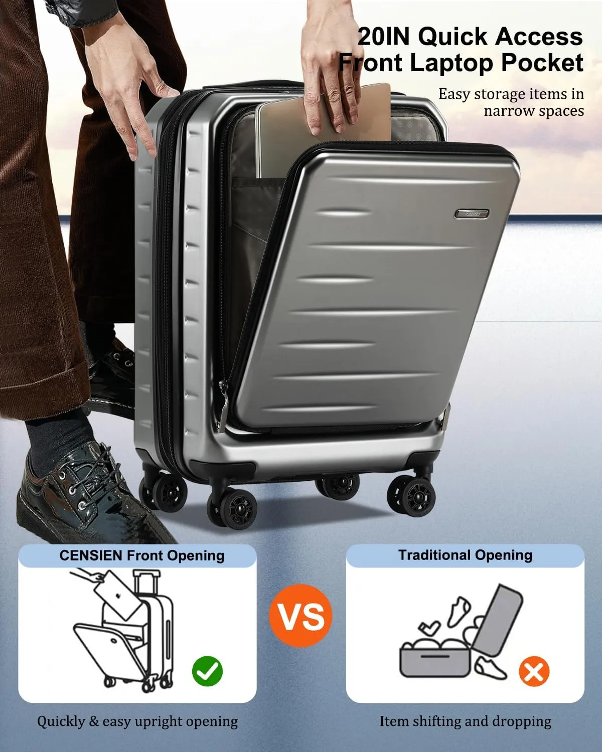 Luggage Sets 2 Pieces, 20 Inch Carry On Luggage and Expandable 28 Inch Checked Luggage with Spinner Wheels, Lightweight ABS PC Hard Shell Suitcase with Front Opening, TSA Lock (Gray, 20/28)