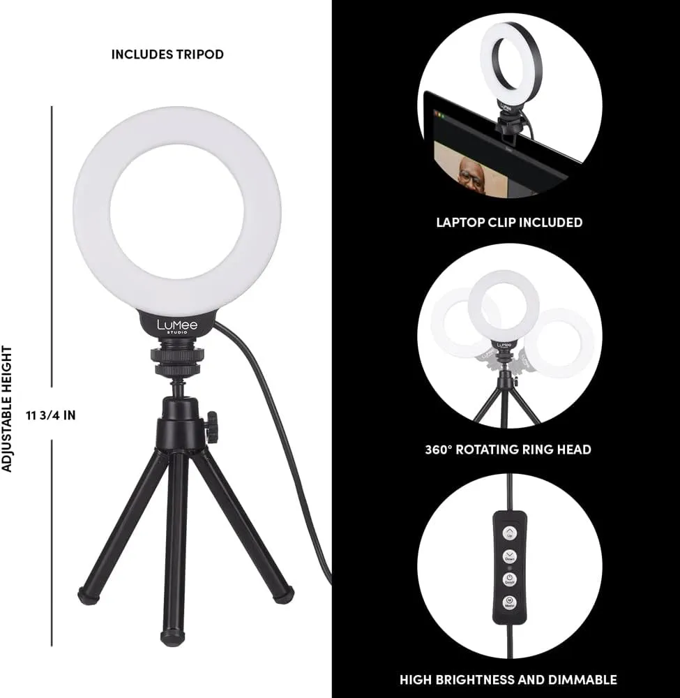 LuMee Studio - Ring Light with Tripod Stand - 4 Inch - Tripod and Laptop Clip Included - Black